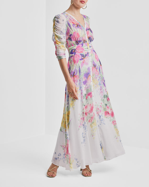 Dotted Georgette Button-Down Dress Flower Meadow