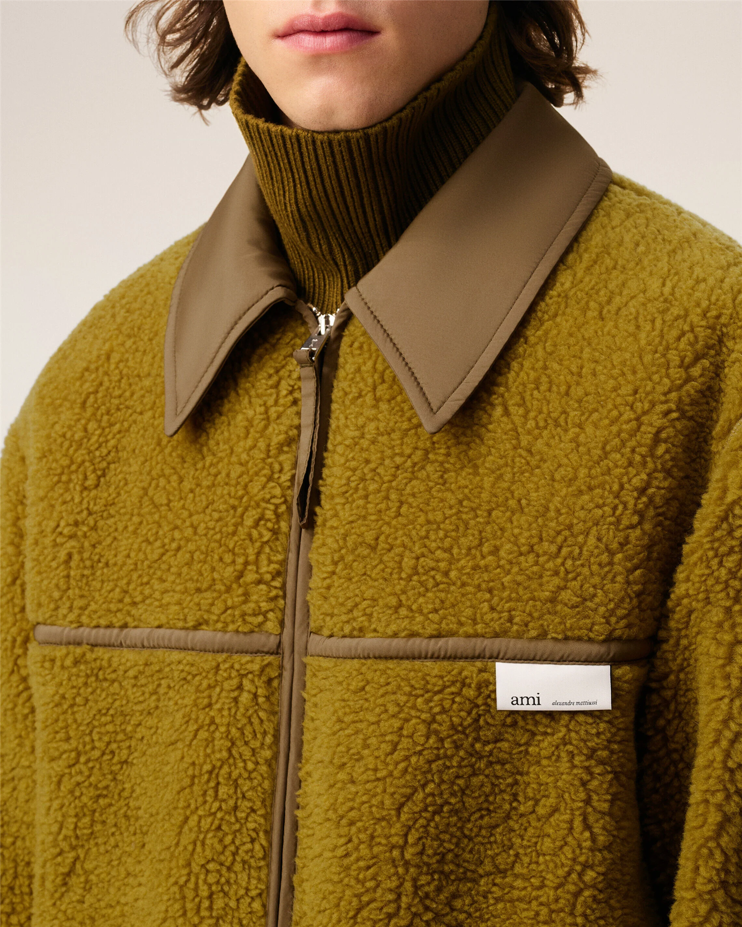 WOOL BLEND ZIPPED FLEECE JACKET LICHEN