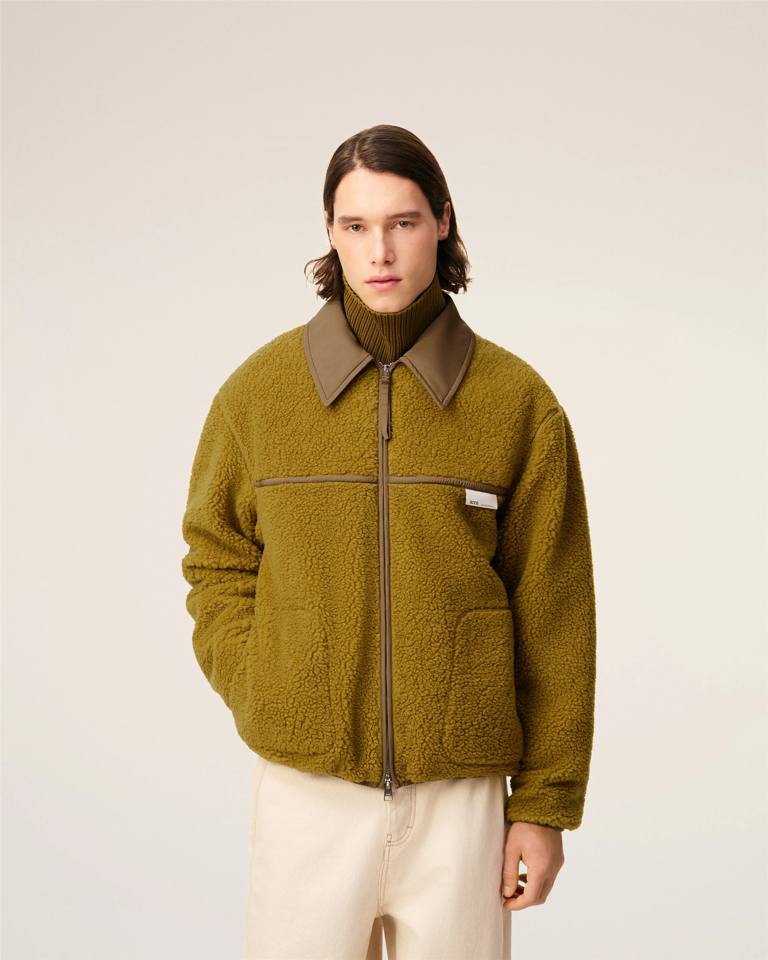 WOOL BLEND ZIPPED FLEECE JACKET LICHEN