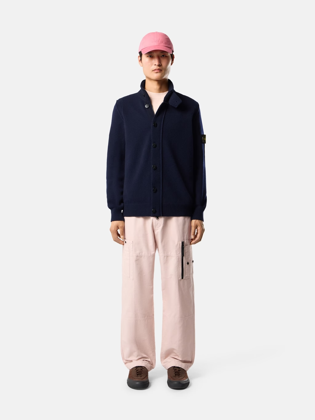 KNITTED WOOL FULL-ZIP BUTTON CARDIGAN NAVY BLUE