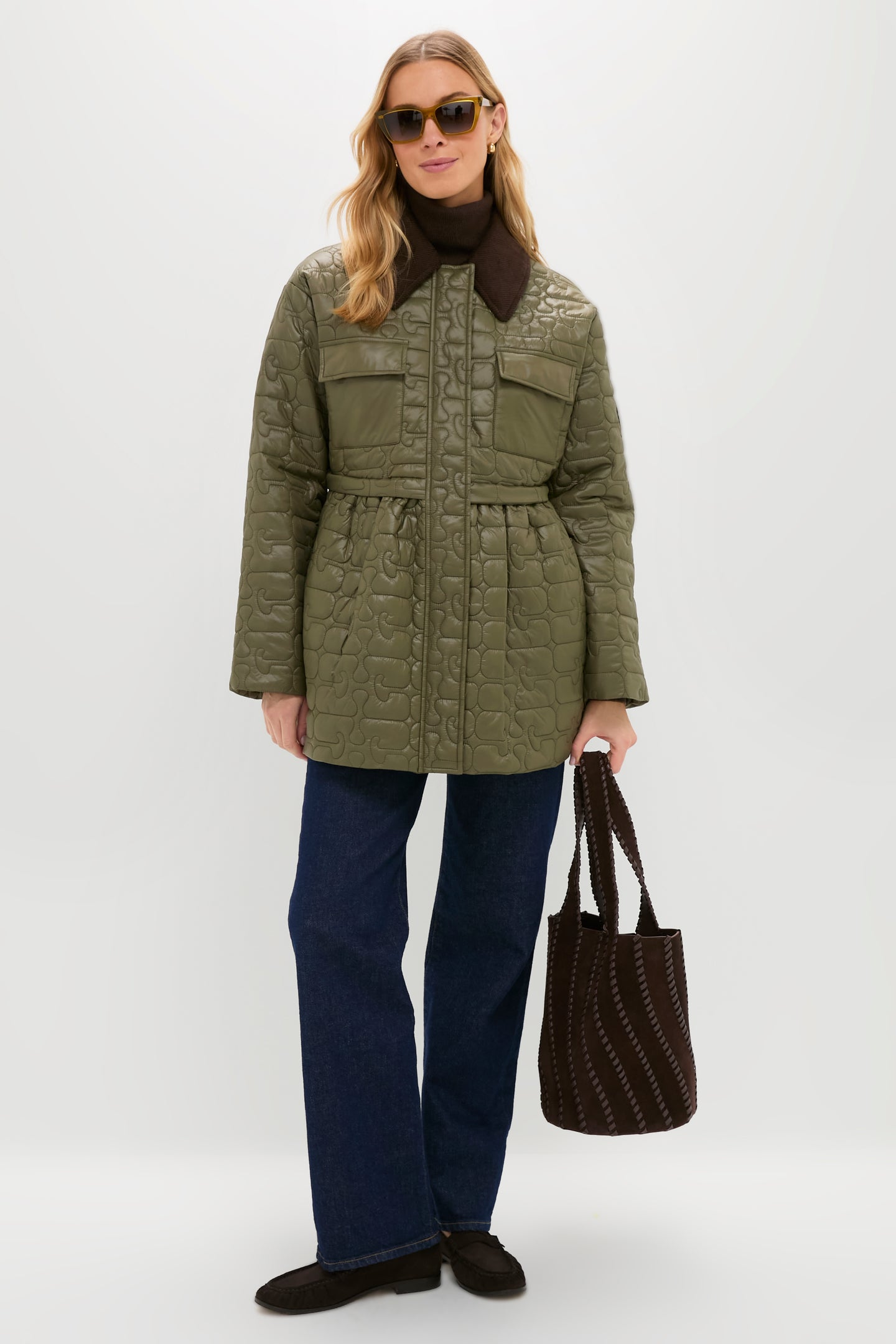 SHINY QUILT MIDI JACKET W/FLARE kalamata