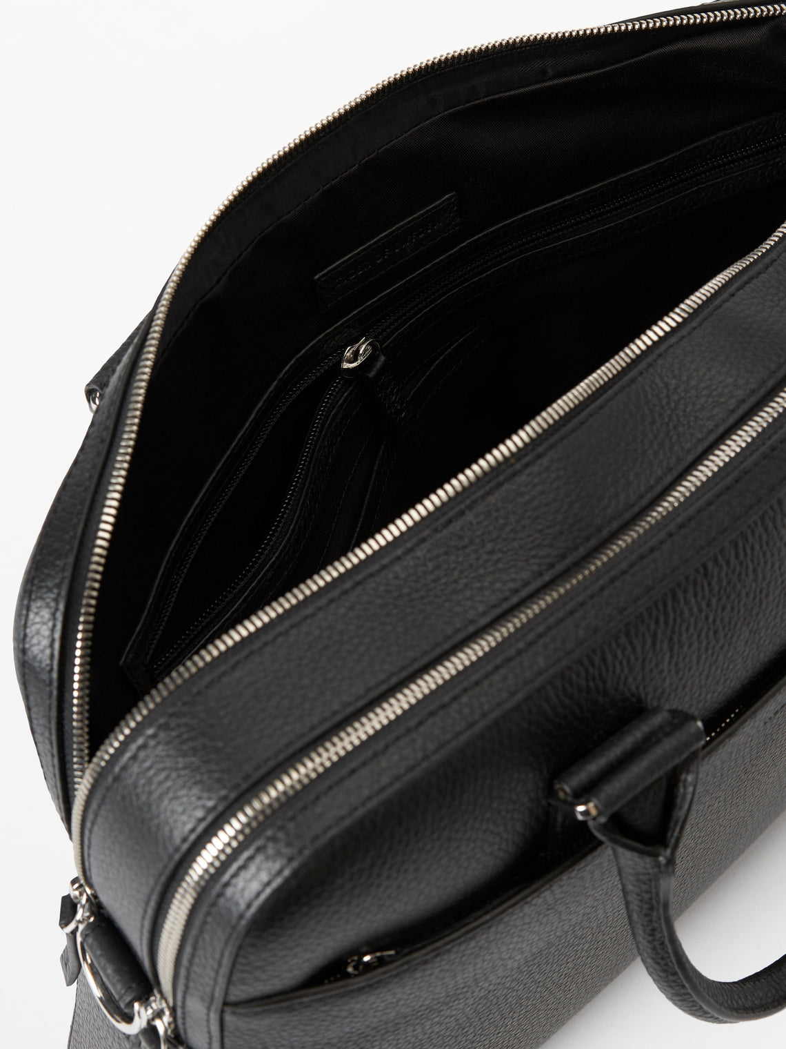 Burin Two Zipper Leather Briefcase Black