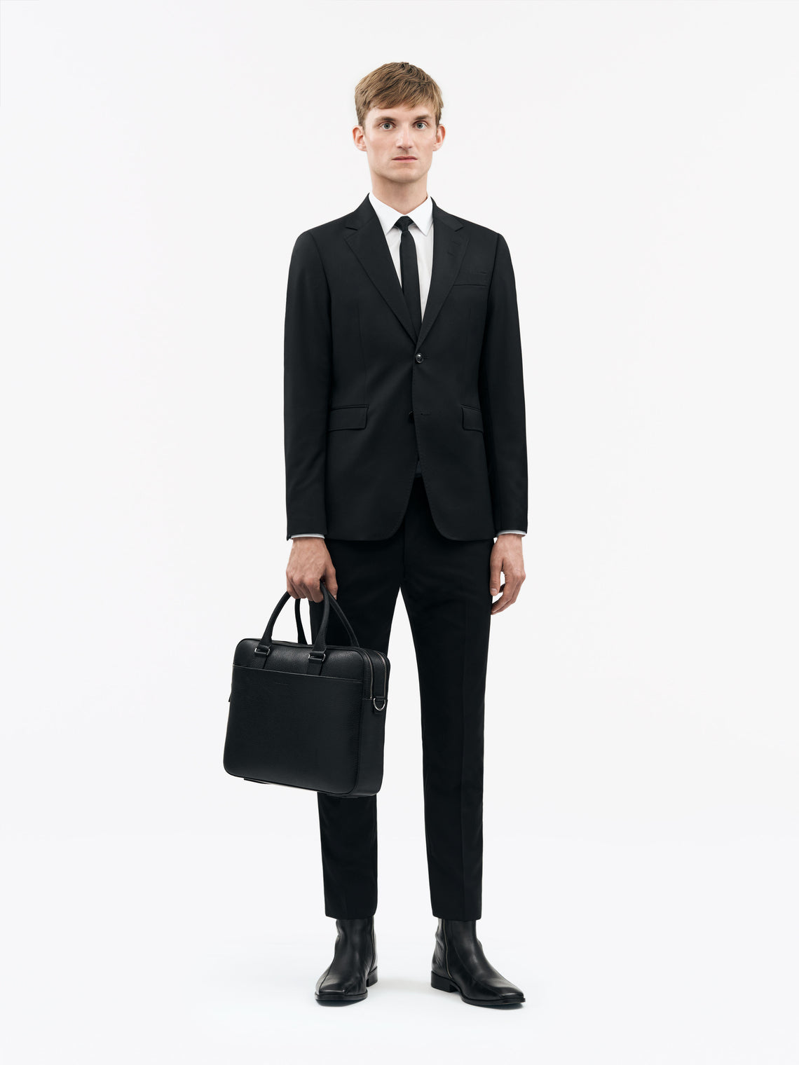 Burin Two Zipper Leather Briefcase Black