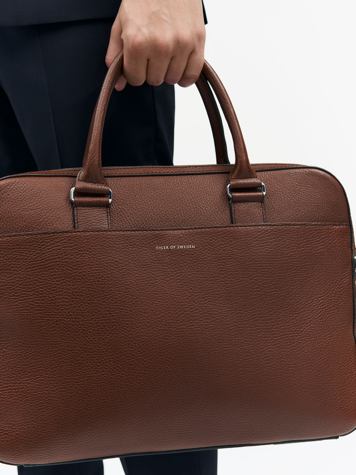 Burin Two Zipper Leather Briefcase COGNAC
