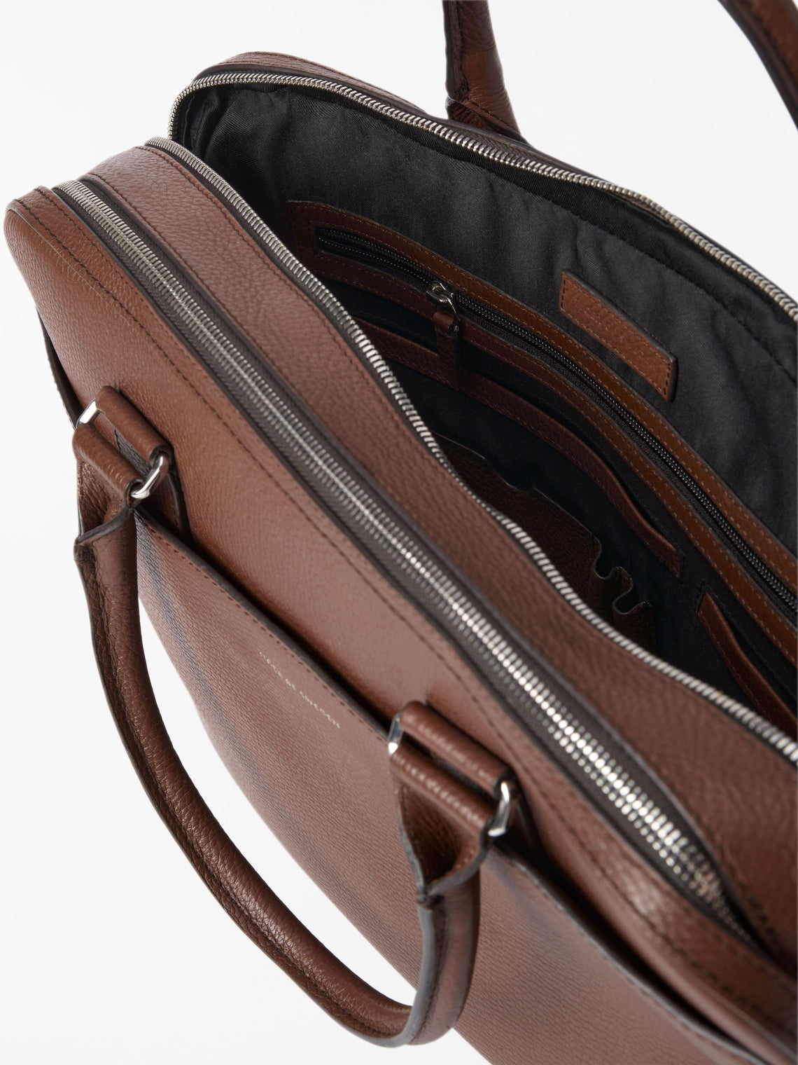 Burin Two Zipper Leather Briefcase COGNAC