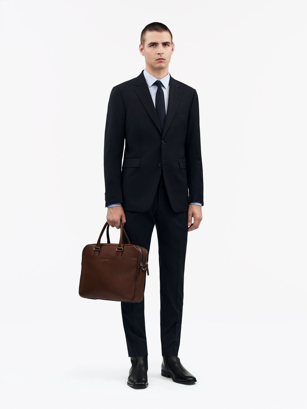 Burin Two Zipper Leather Briefcase COGNAC