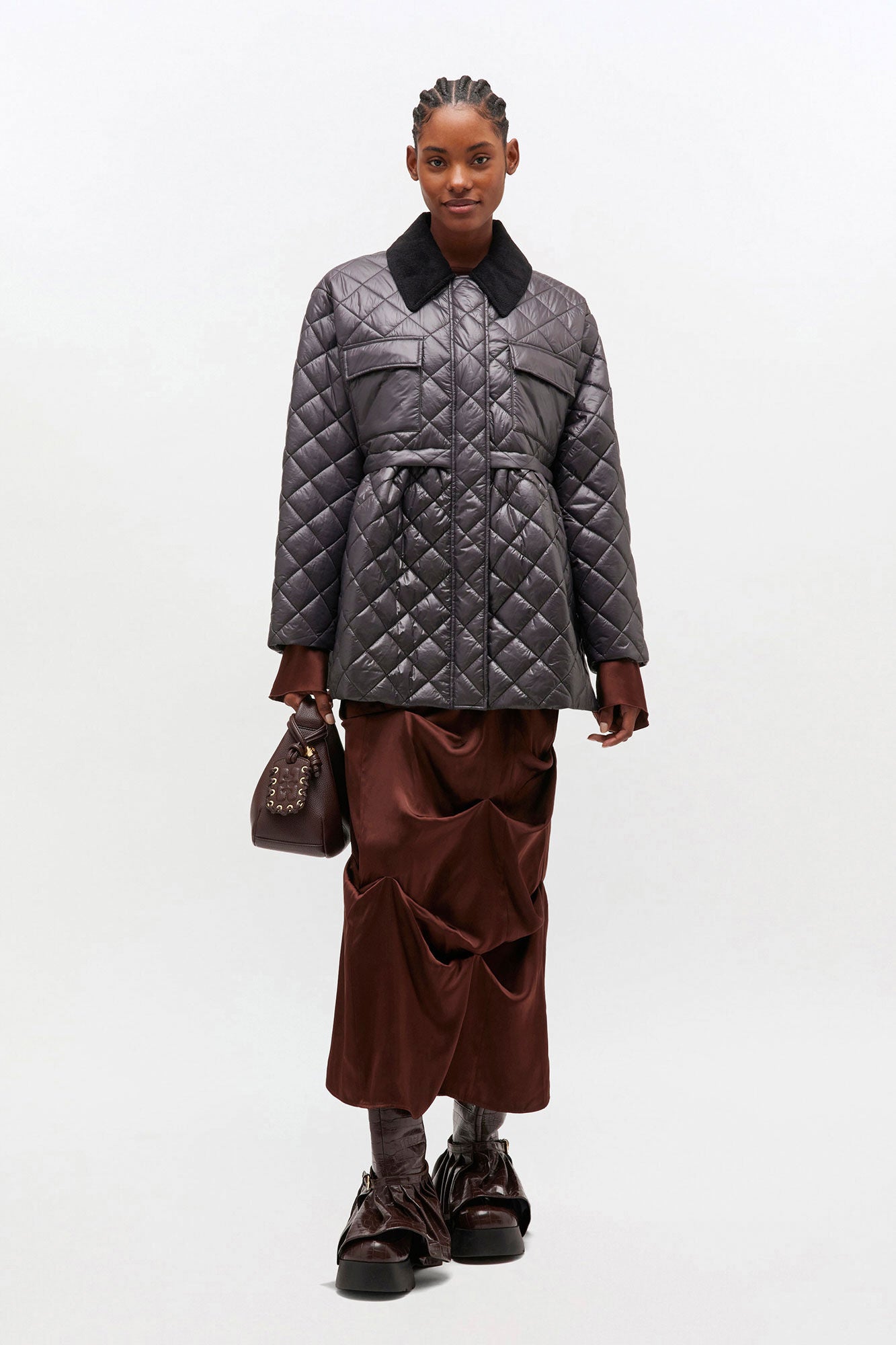 SHINY QUILT MIDI JACKET W/FLARE PHANTOM