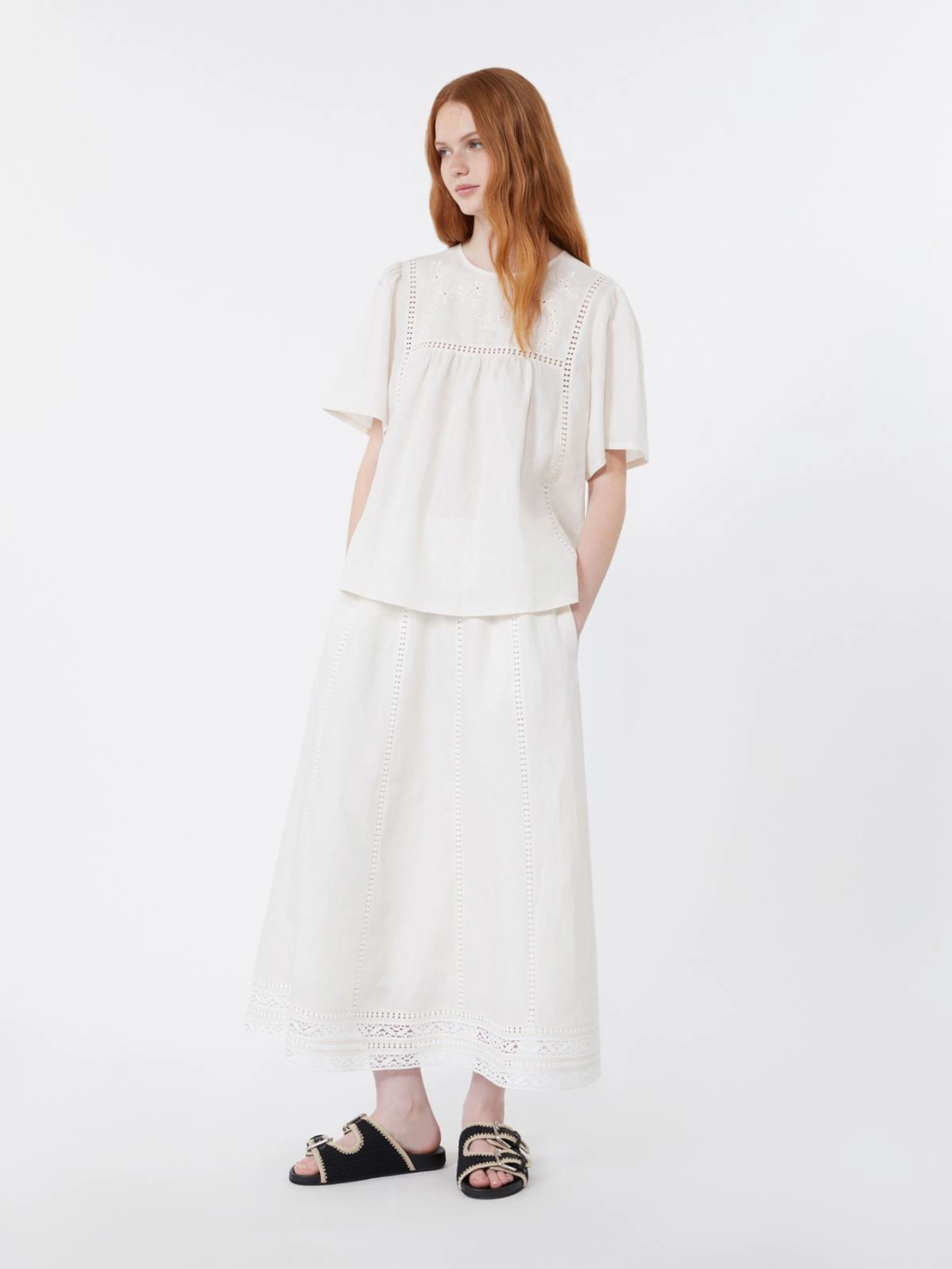 GERGO À Jour Embroidered Linen Skirt ECRU