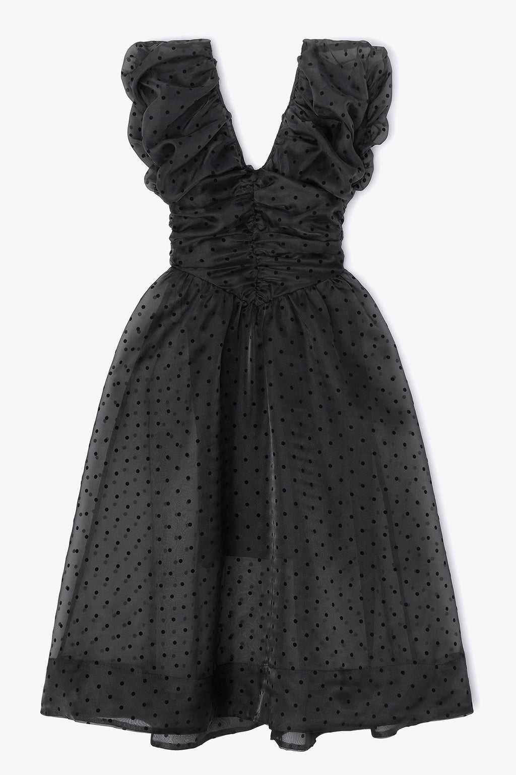 Flocked Organza Long Ruched Dress Black