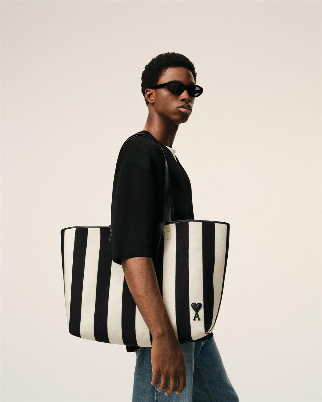 STRIPED COTTON CANVAS ADC SHOPPING BAG CREAME/BLACK