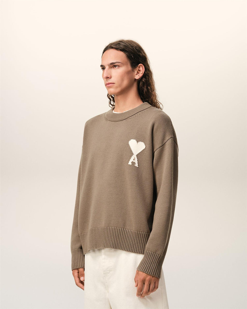 WOOL COTTON AMI DE COEUR SWEATER TAUPE BEIGE/OFF WHITE