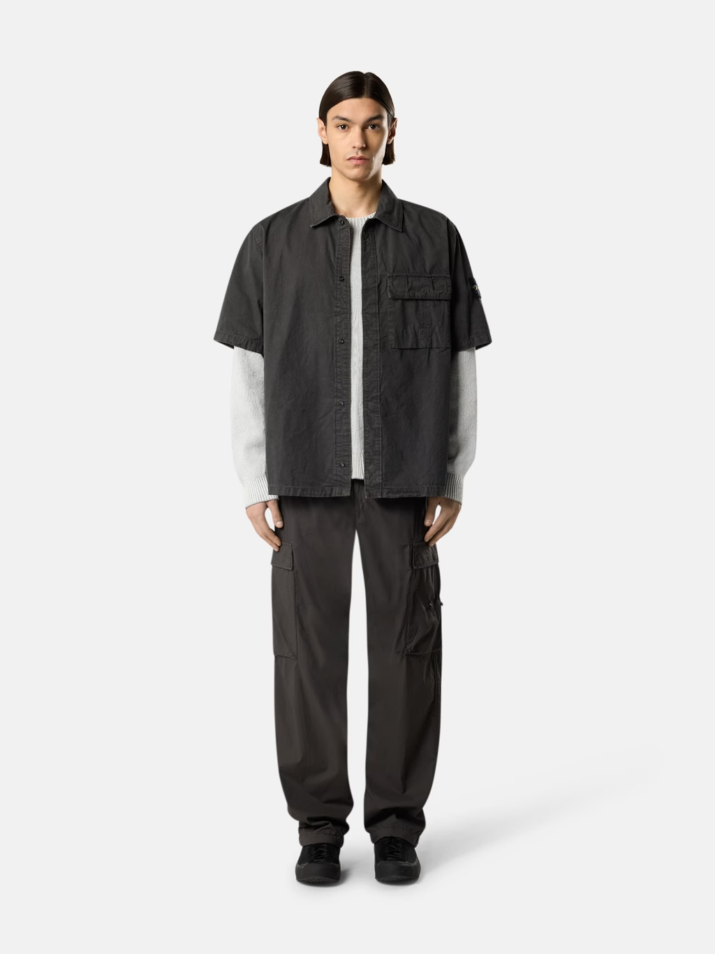 BRUSHED ORGANIC COTTON CANVAS SHORT SLEEVE SHIRT CHARCOAL