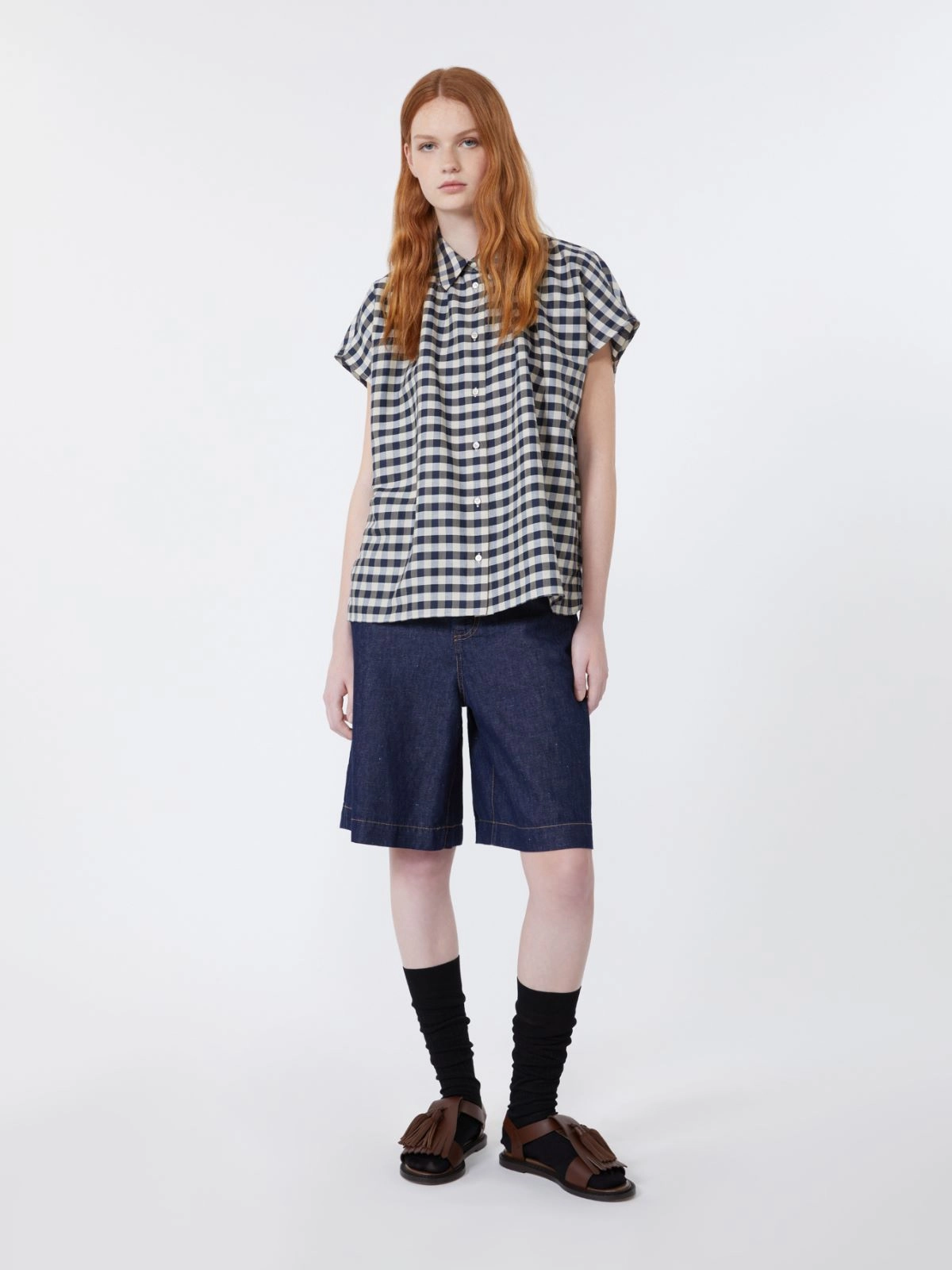 OZONO Cotton Linen denim Bermuda shorts Navy