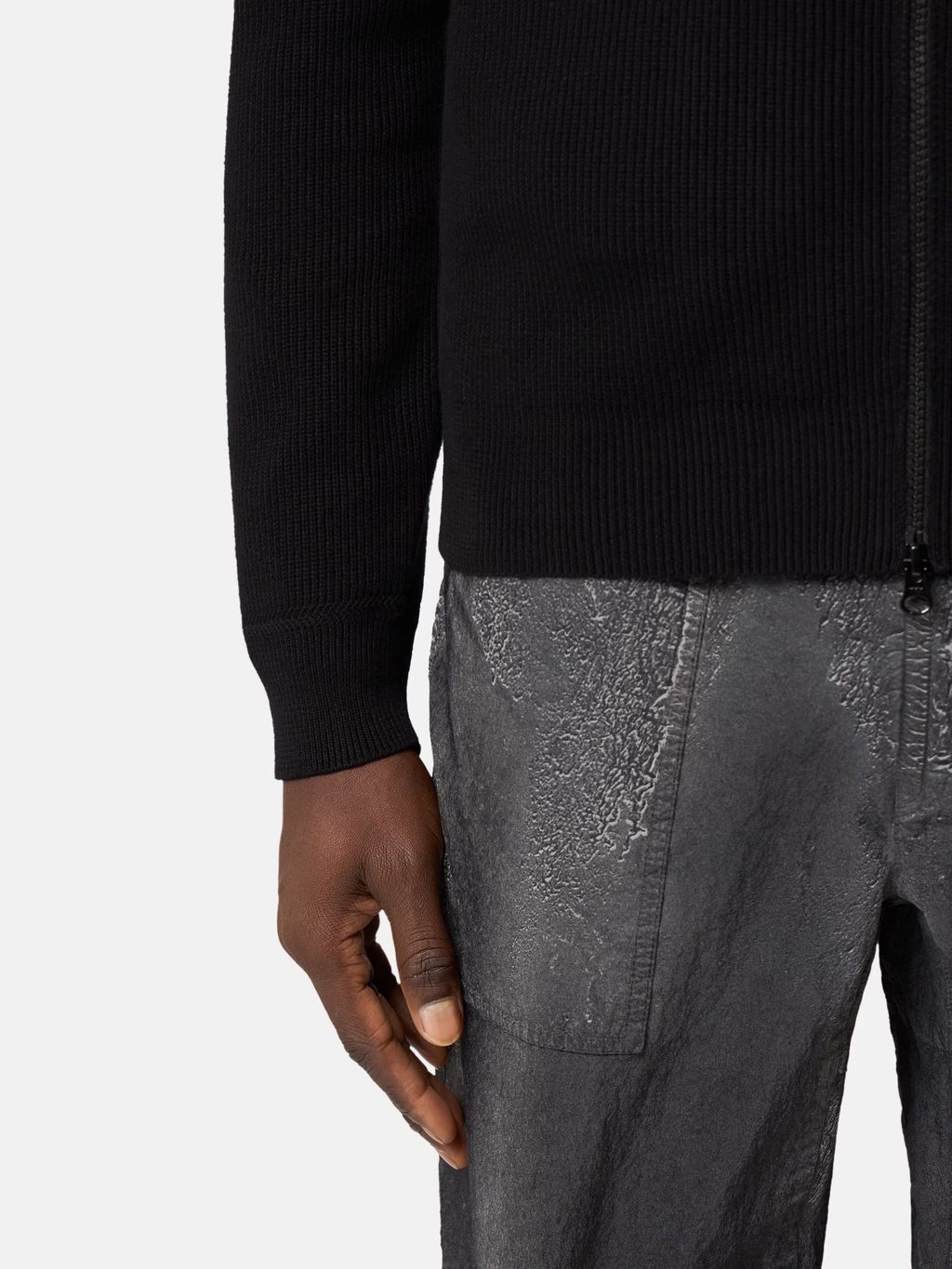 RIBBED KNITTED COTTON FULL-ZIP SWEATER BLACK