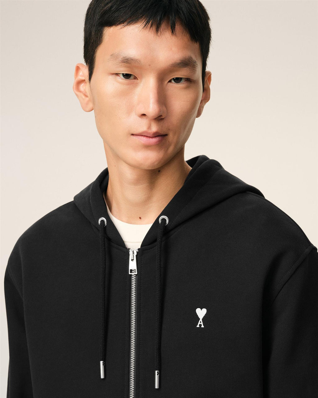 LOOPBACK COTTON AMI DE COEUR ZIP-HOOD BLACK/WHITE
