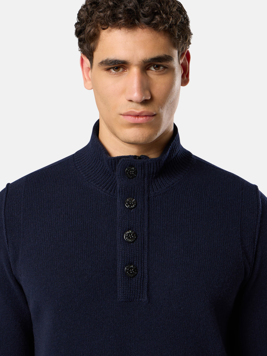 KNITTED LAMBSWOOL HALF ZIP BUTTON SWEATER NAVY
