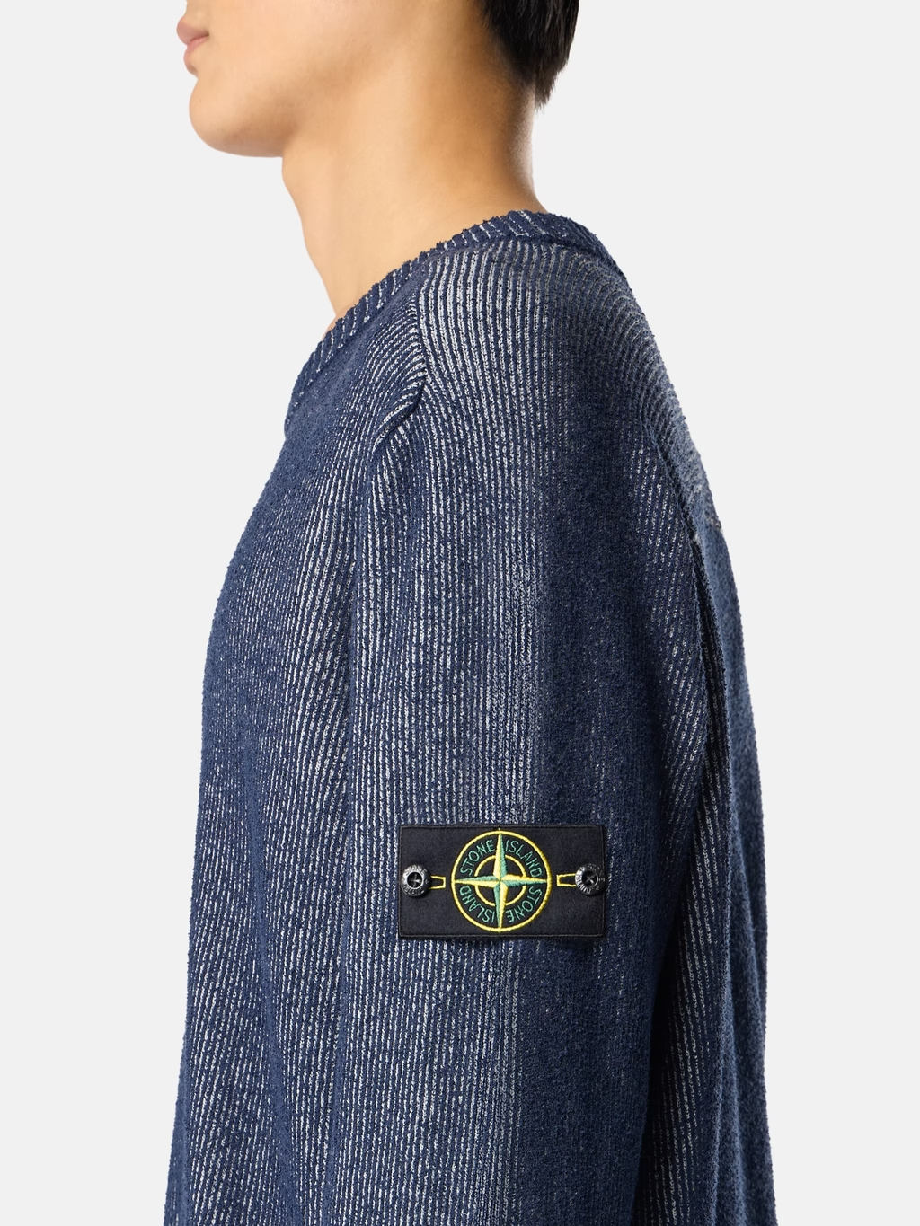 PLATED RIB COTTON BOUCLÉ SWEATER BLUE MELANGE