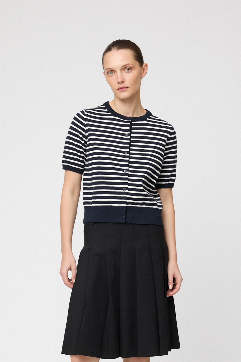 Cotton Cashmere Cardigan T-shirt Cream Stripe