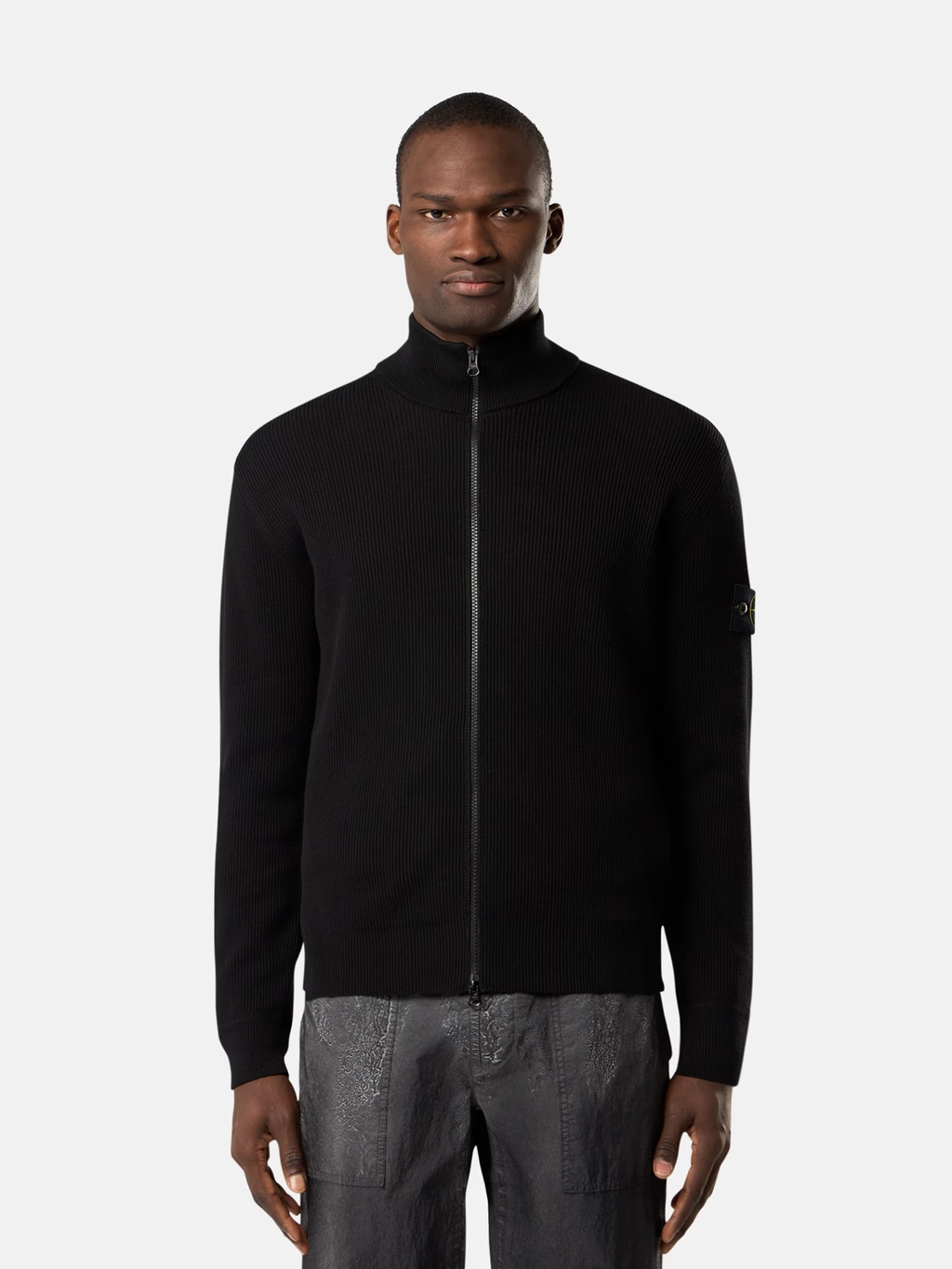 RIBBED KNITTED COTTON FULL-ZIP SWEATER BLACK
