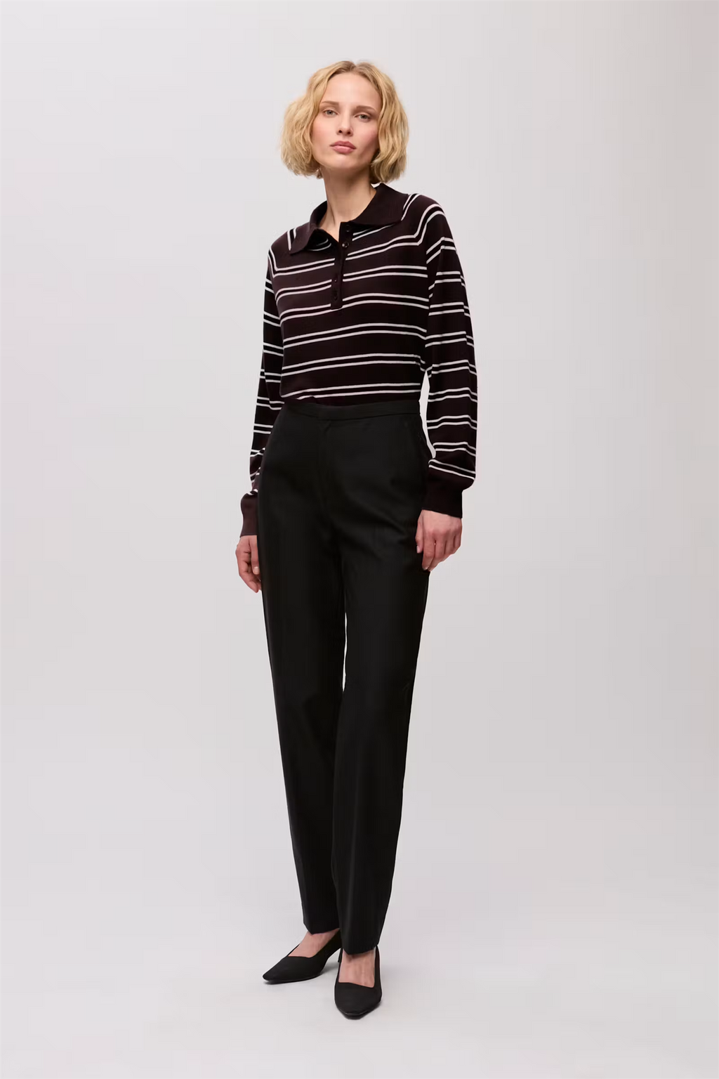 Farleigh Knitted Wool Polo Cocoa Stripe