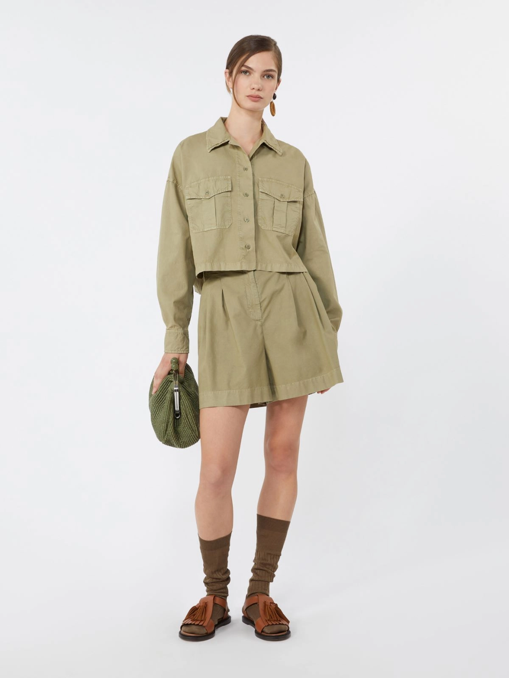 ACCENNI Boxy Cotton Panama Shirt OLIVE GREEN
