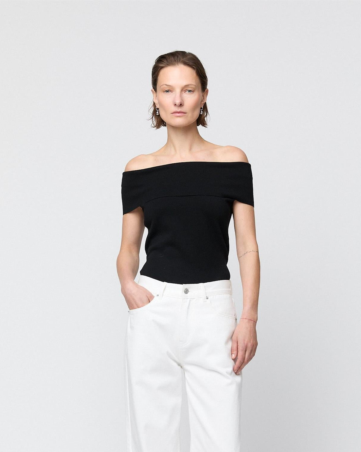 Compact Knit Off Shoulder Top Jet Black