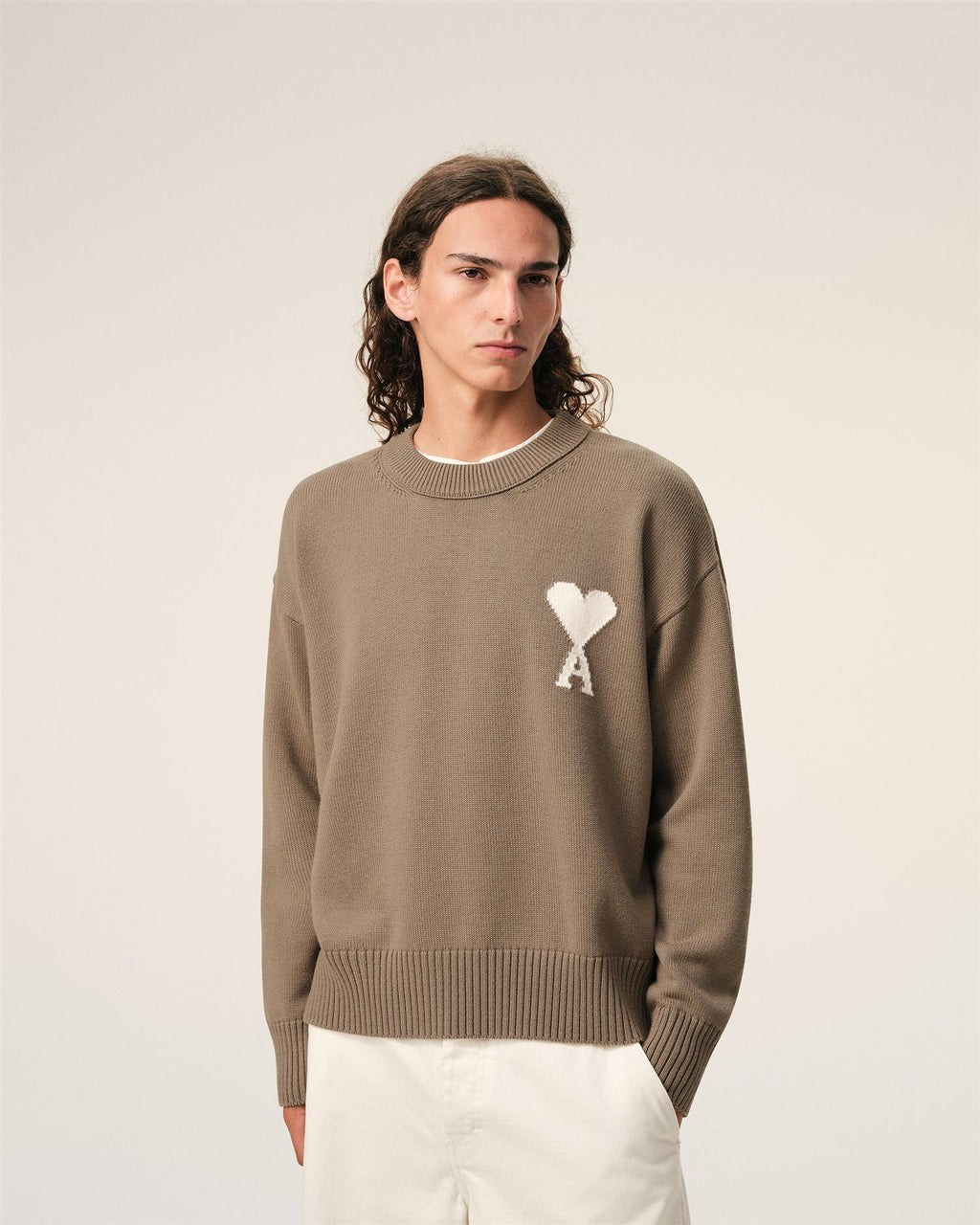 WOOL COTTON AMI DE COEUR SWEATER TAUPE BEIGE/OFF WHITE