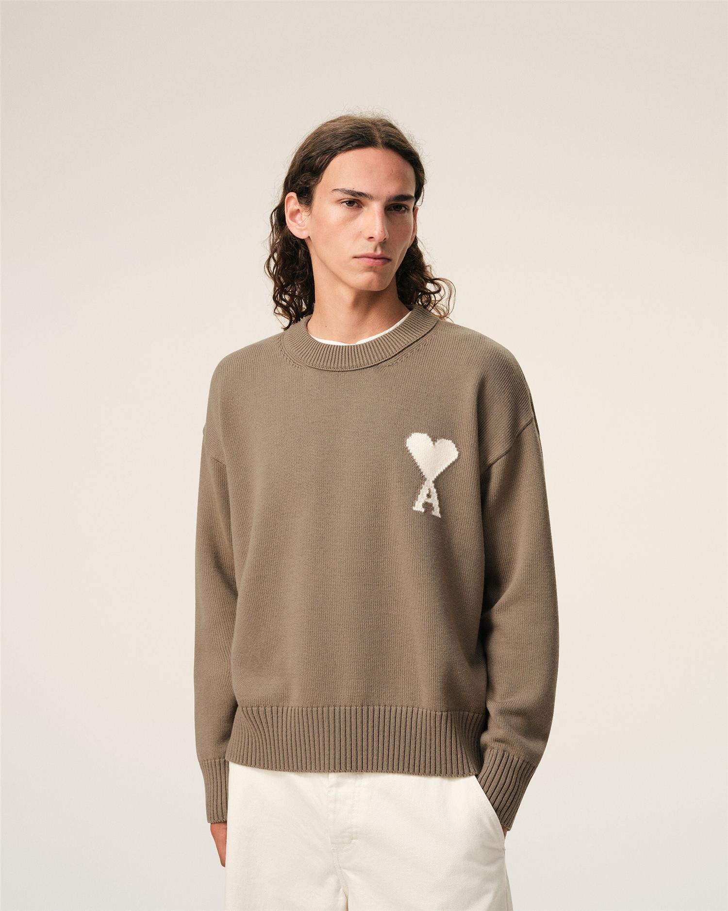 WOOL COTTON AMI DE COEUR SWEATER TAUPE BEIGE/OFF WHITE