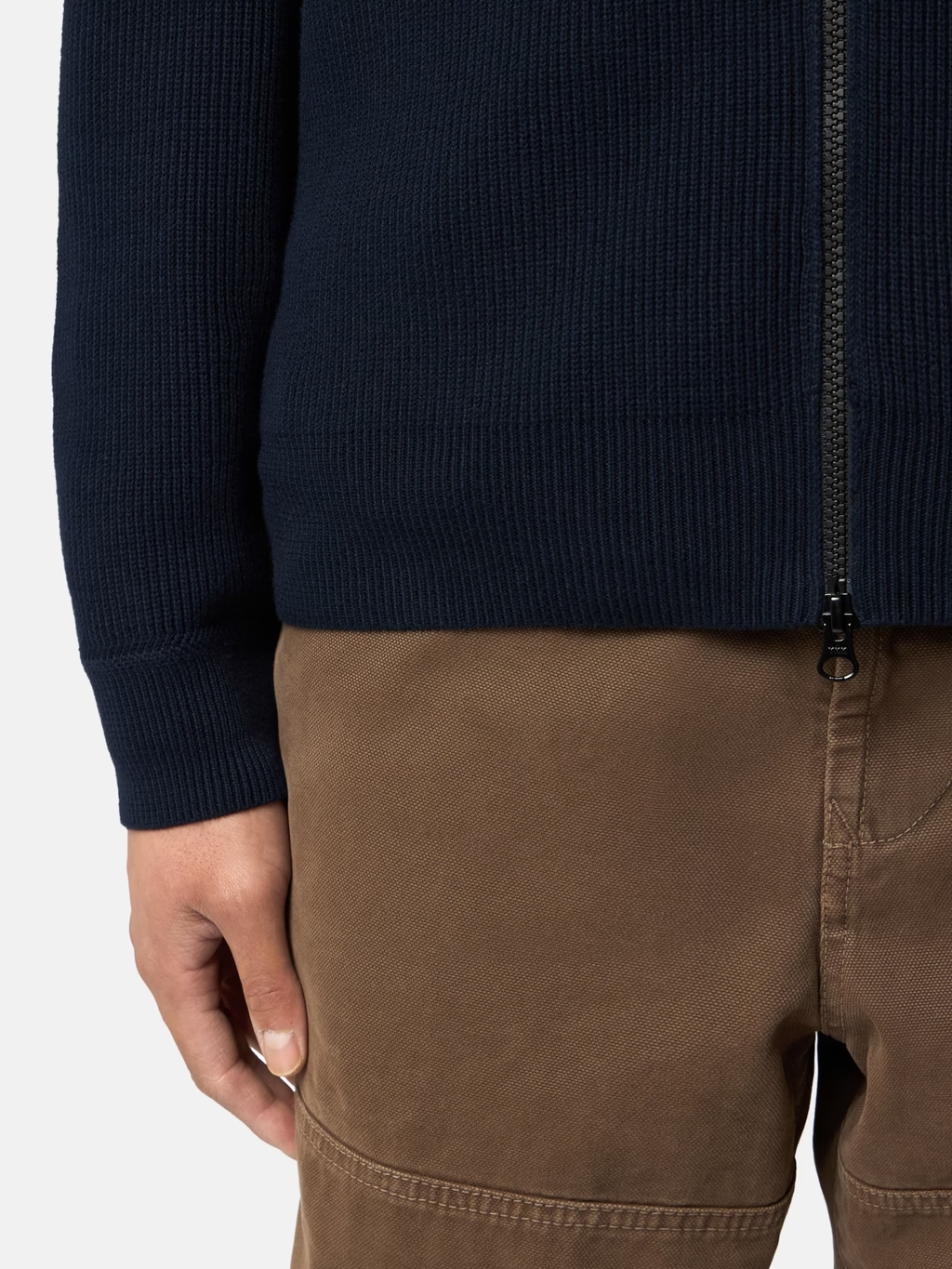 RIBBED KNITTED COTTON FULL-ZIP SWEATER NAVY BLUE