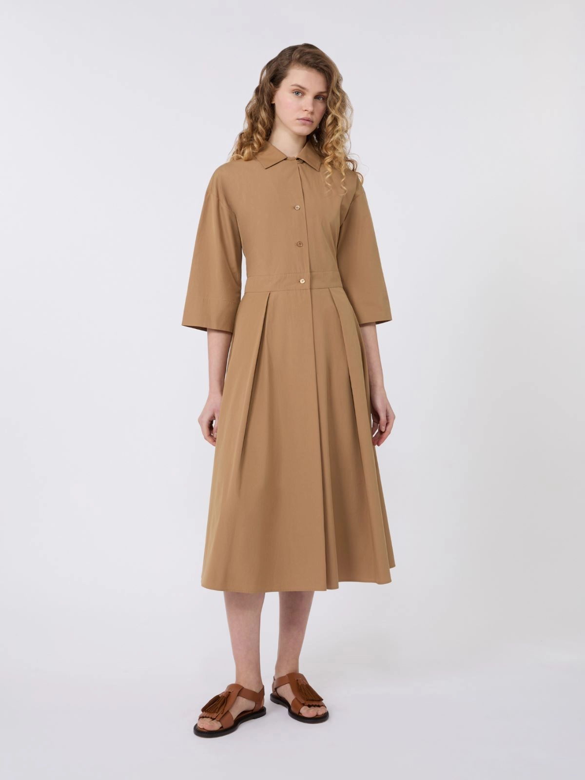 PADANA Cotton Poplin Midi Shirt Dress TOBACCO