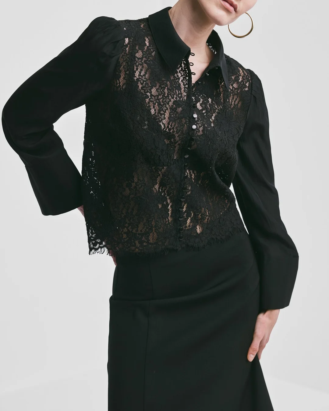 Striped Organza Lace Shirt Black