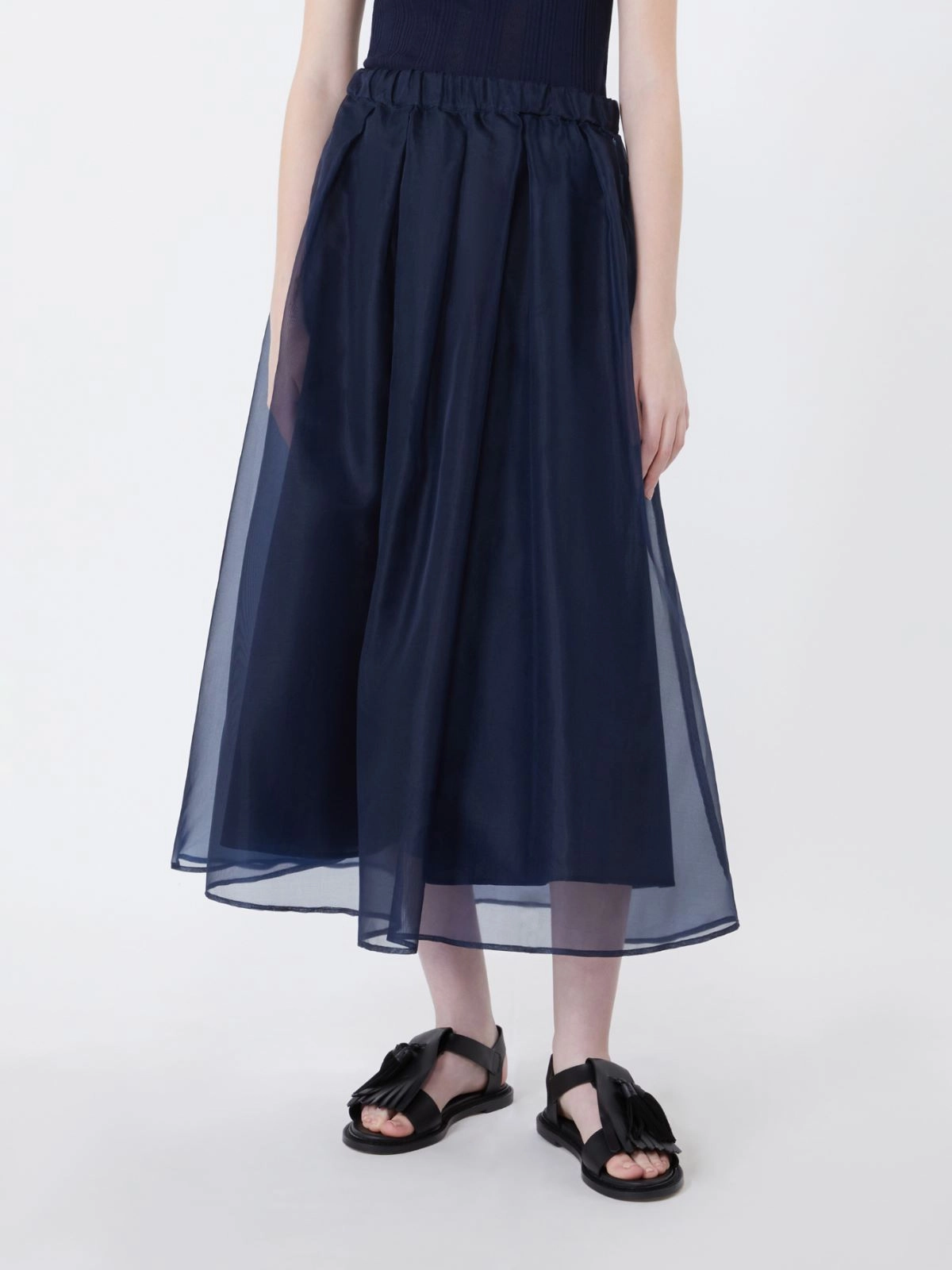 VISINO Pleated Silk Organza Skirt NAVY