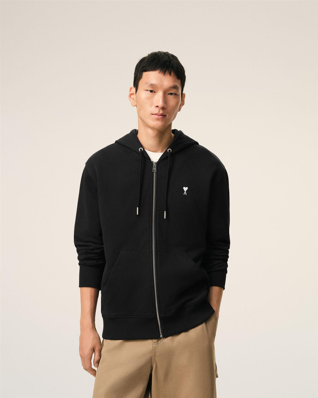 LOOPBACK COTTON AMI DE COEUR ZIP-HOOD BLACK/WHITE