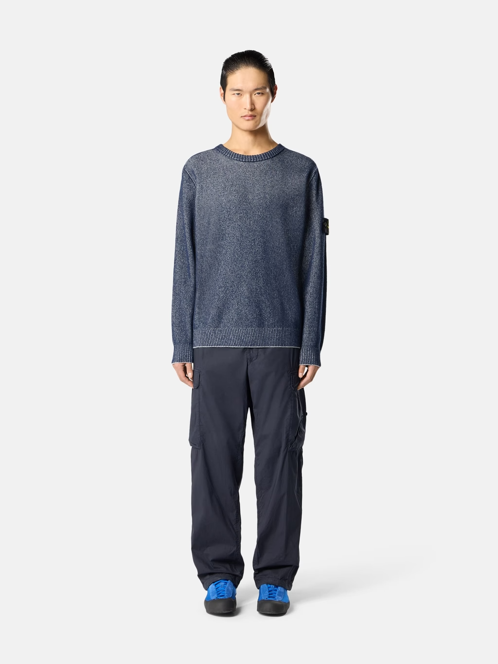 PLATED RIB COTTON BOUCLÉ SWEATER BLUE MELANGE