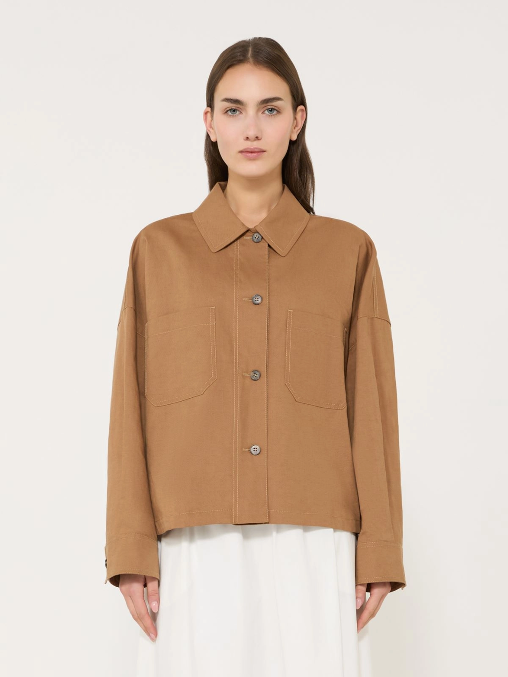 VETTURA Linen Cotton Basketweave Oversized Jacket TOBACCO