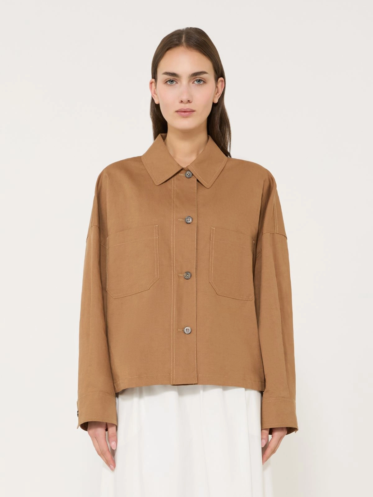 VETTURA Linen Cotton Basketweave Oversized Jacket TOBACCO