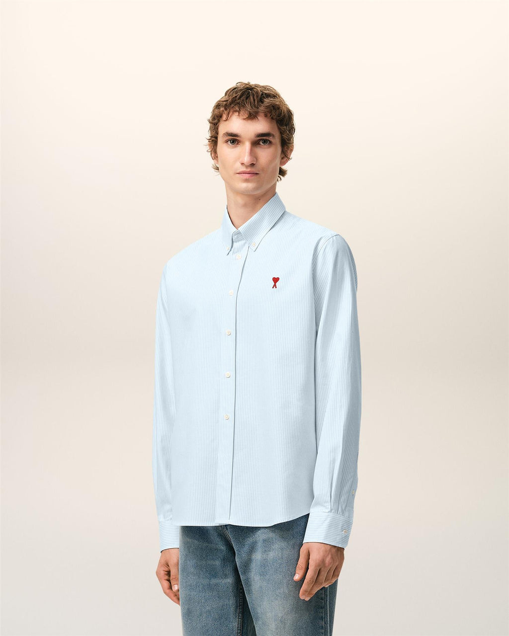 Embroidered AMI DE COEUR STRIPED OXFORD SHIRT SKY BLUE/NATURAL WHITE