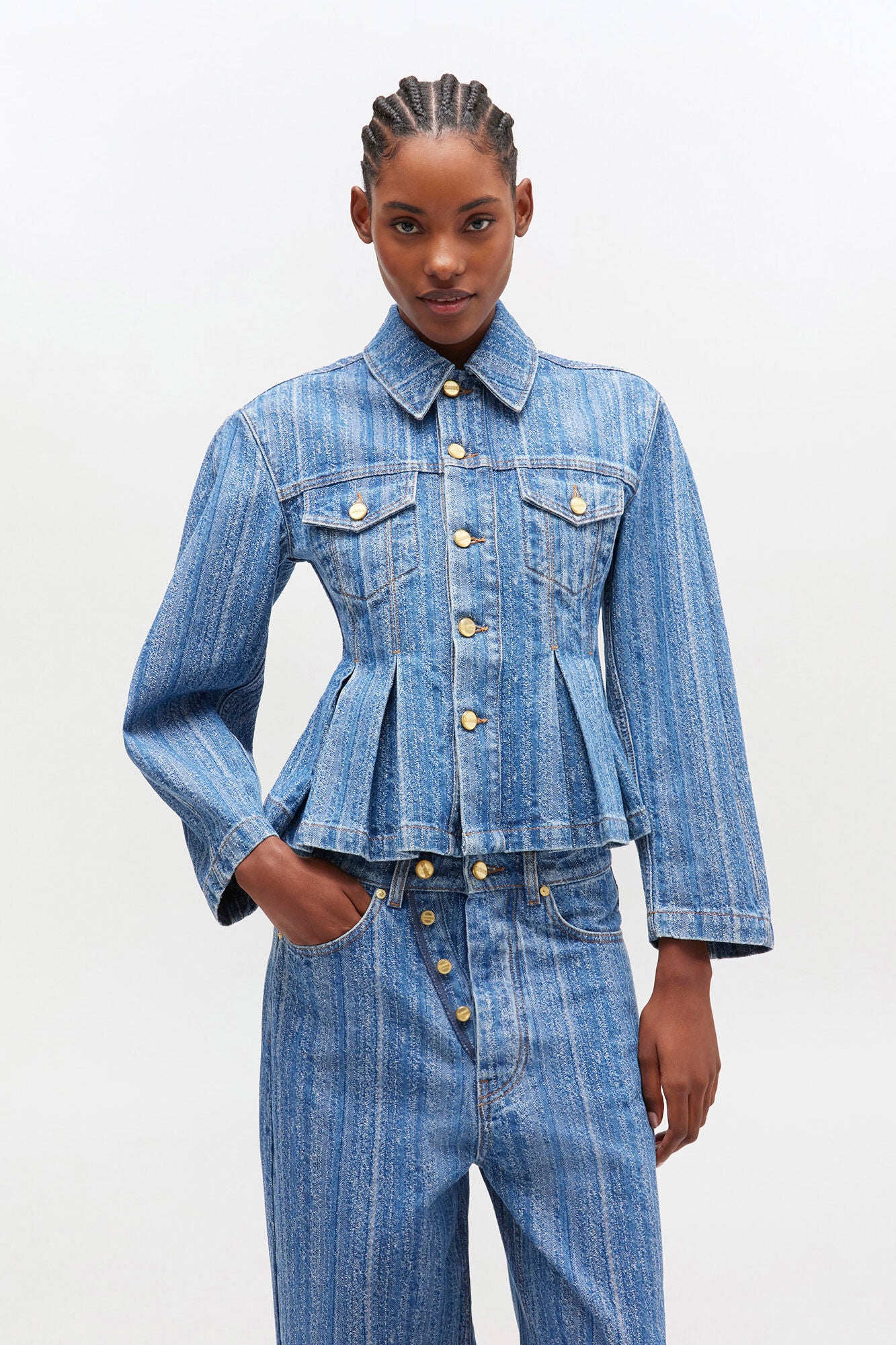 Striped Pleated Denim Jacket Mid Blue Stone