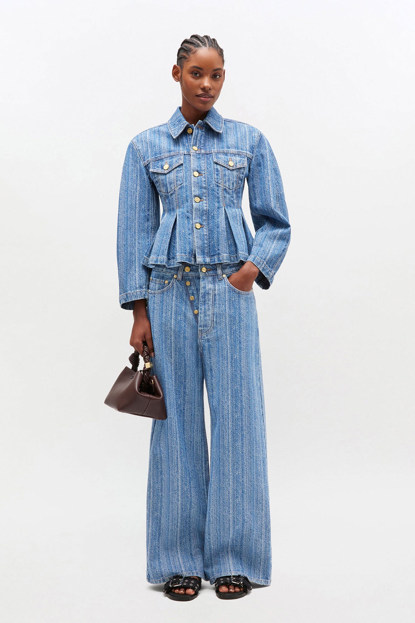 Striped Pleated Denim Jacket Mid Blue Stone