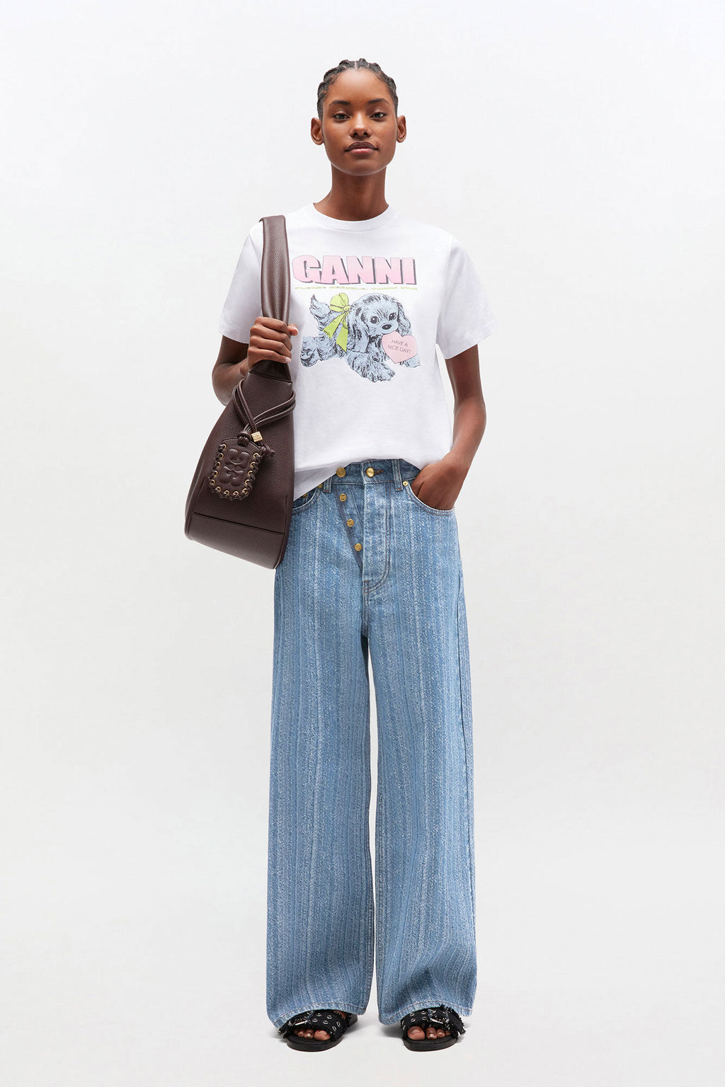 Striped Double Fly Baggy Jeans Mid Blue Stone