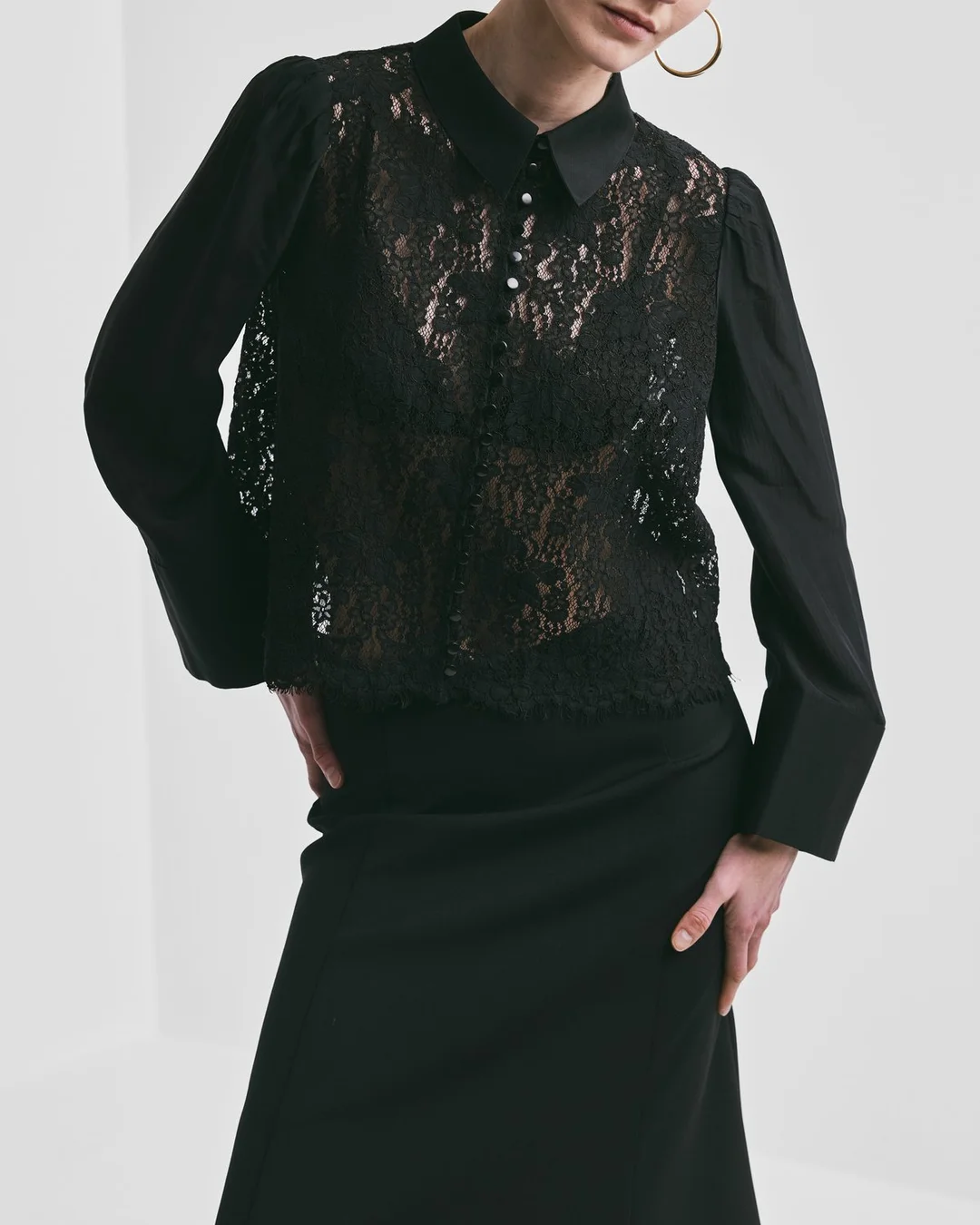 Striped Organza Lace Shirt Black