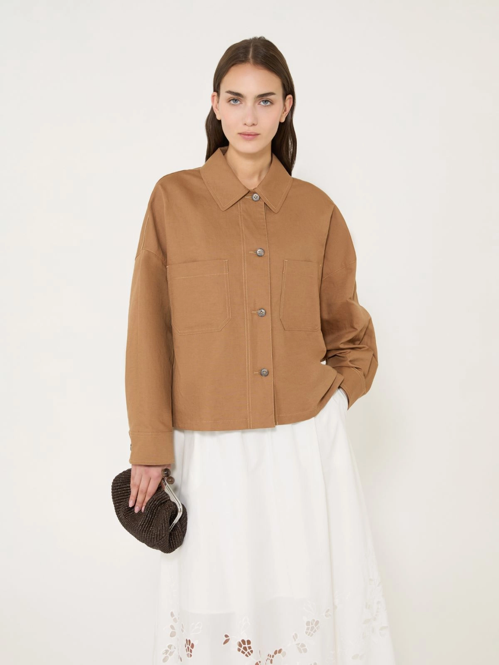 VETTURA Linen Cotton Basketweave Oversized Jacket TOBACCO
