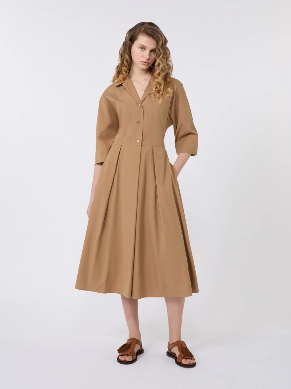PADANA Cotton Poplin Midi Shirt Dress TOBACCO