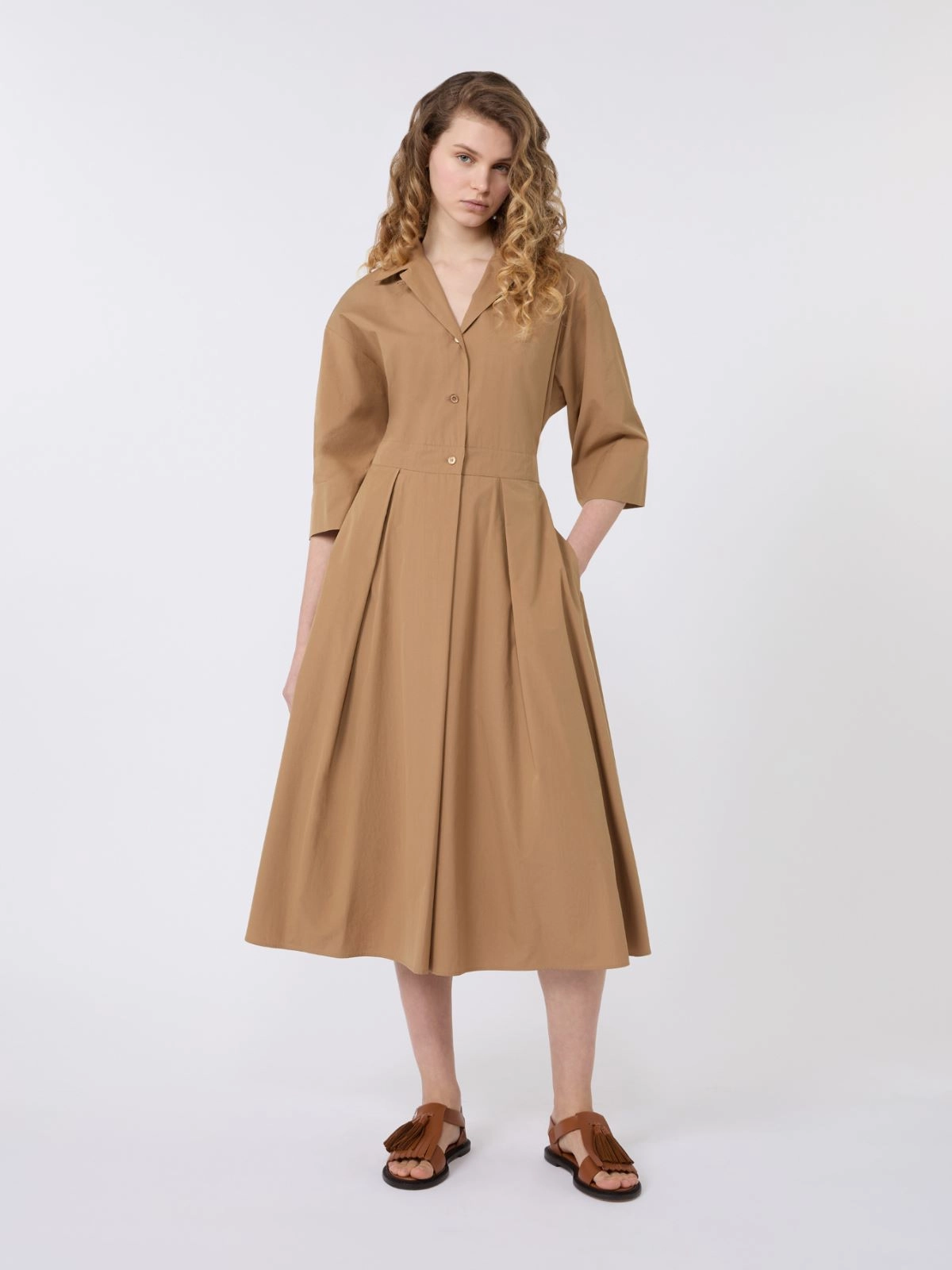PADANA Cotton Poplin Midi Shirt Dress TOBACCO