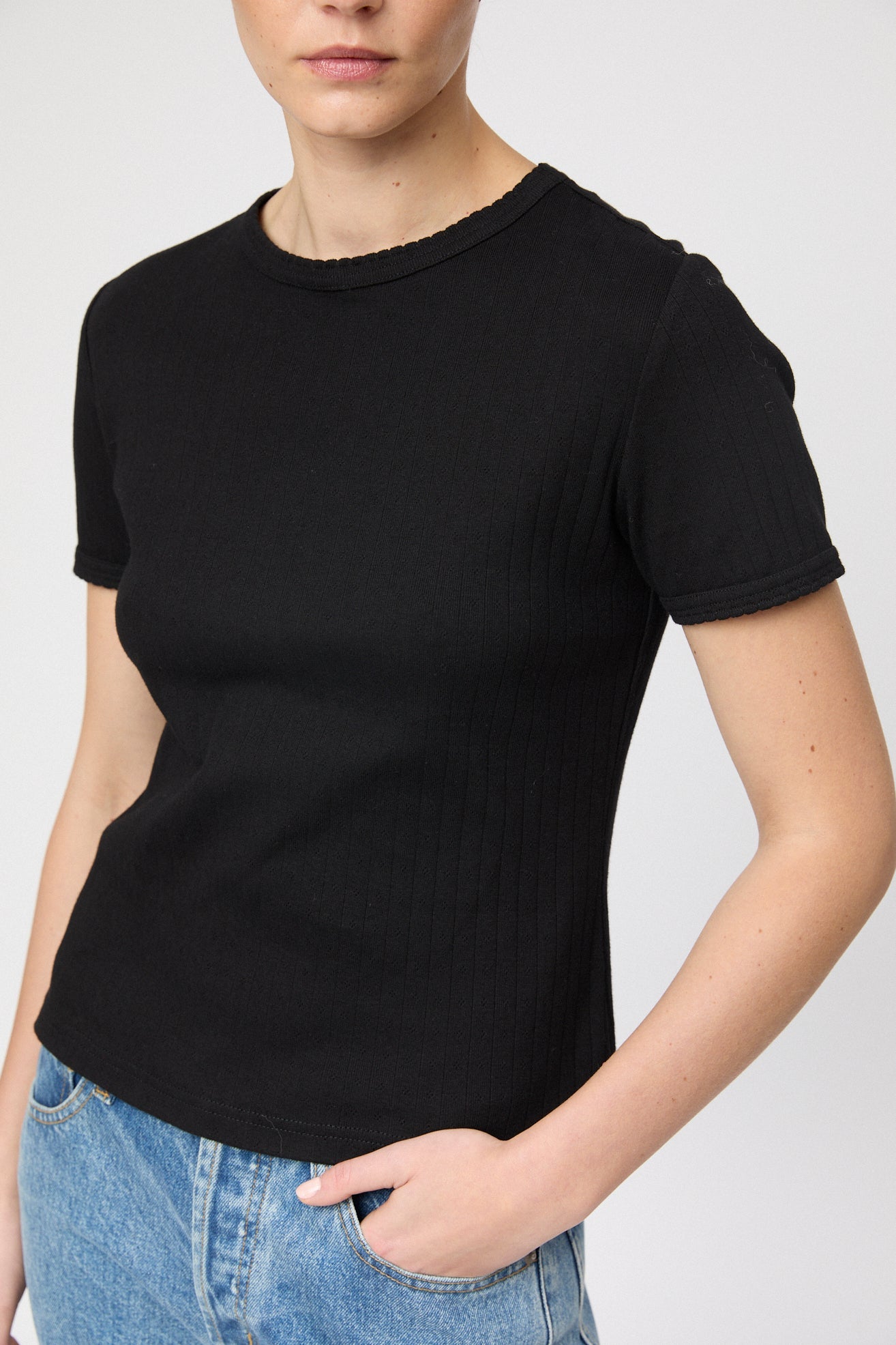 Pointelle Jersey Cap Sleeve T-shirt Jet Black