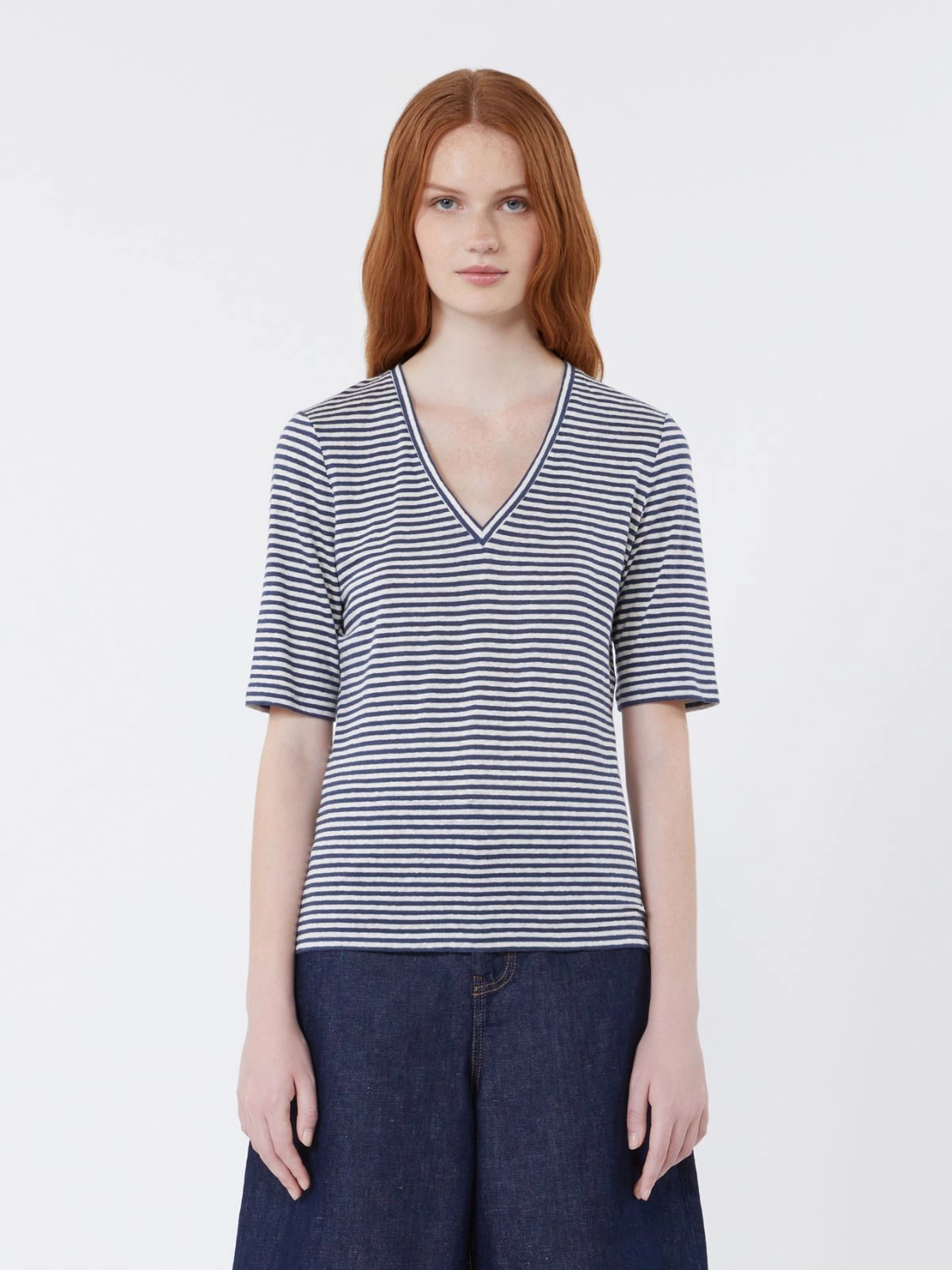 OPZIONE Striped Linen V-neck T-shirt ULTRAMARINE