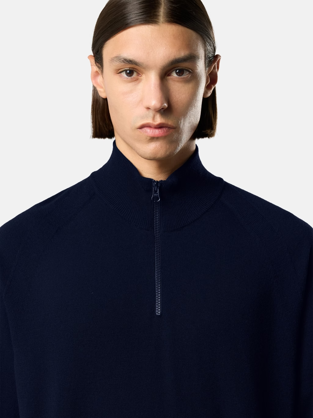 KNITTED HALF-ZIP WOOL BLEND SWEATER NAVY BLUE