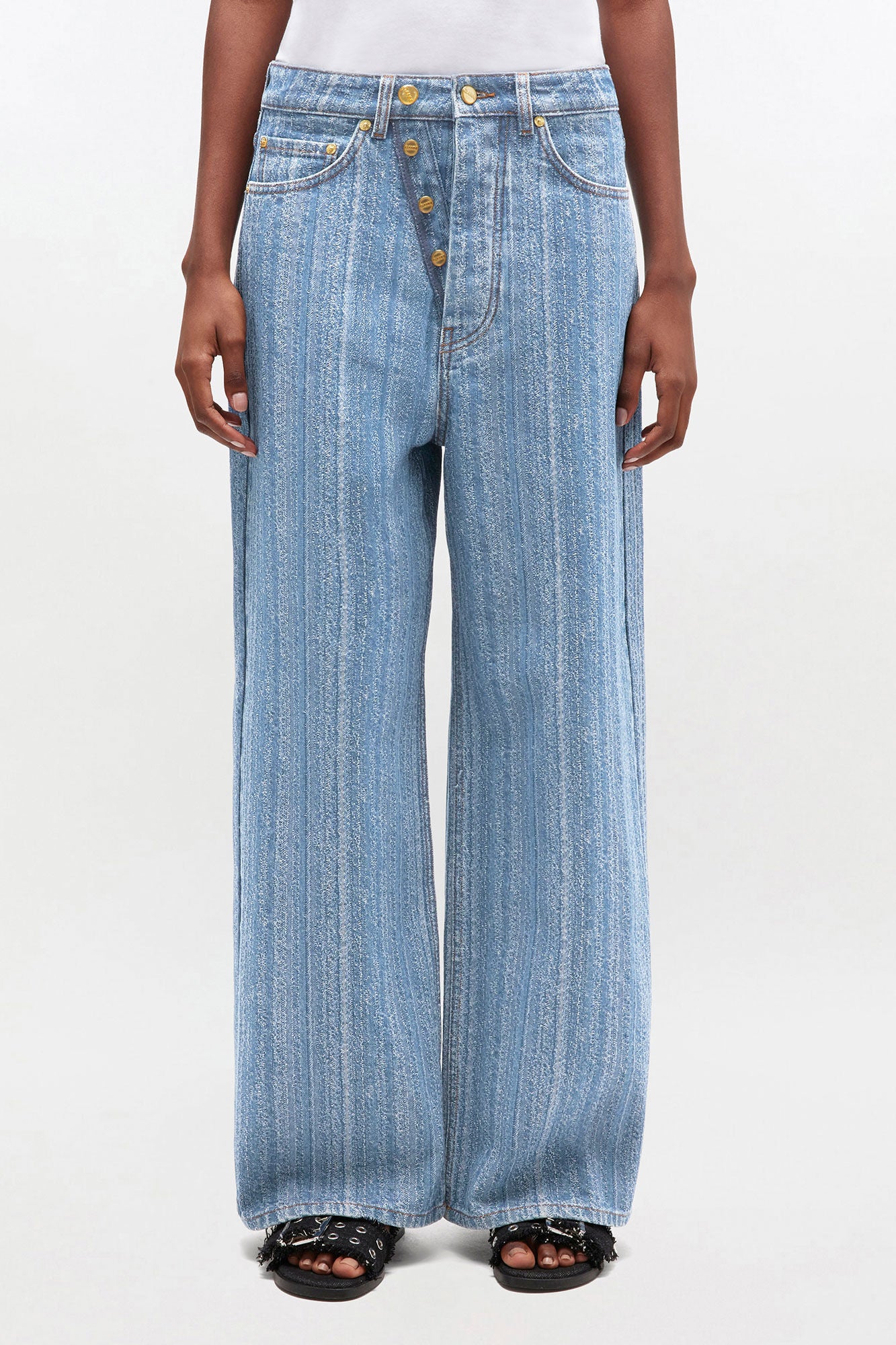 Striped Double Fly Baggy Jeans Mid Blue Stone