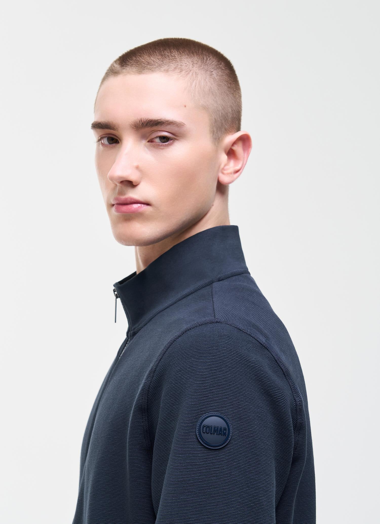 Textured Cotton Blend Full-Zip Sweater NAVY BLUE