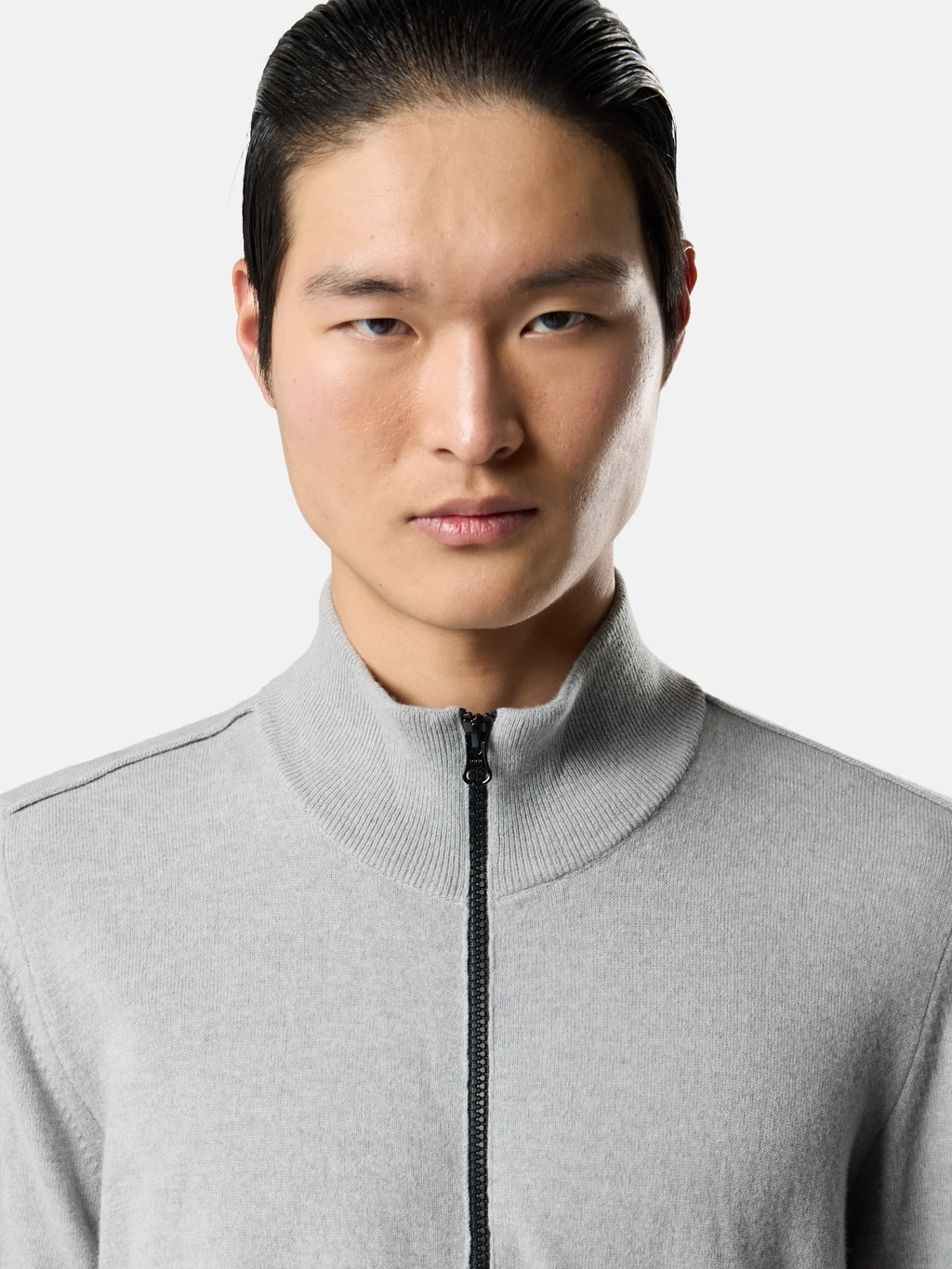KNITTED GEELONG WOOL FULL-ZIP SWEATER MELANGE PEARL GREY